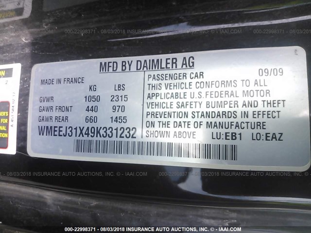 WMEEJ31X49K331232 - 2009 SMART FORTWO PURE/PASSION WHITE photo 9