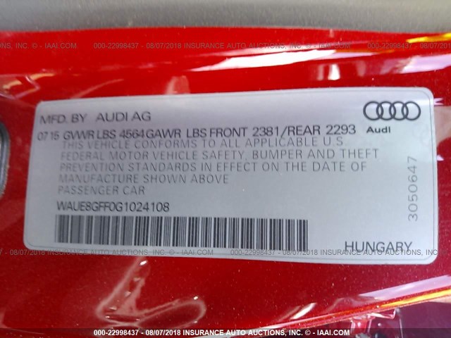 WAUE8GFF0G1024108 - 2016 AUDI A3 PREMIUM PLUS RED photo 9