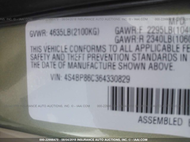 4S4BP86C364330829 - 2006 SUBARU LEGACY OUTBACK 3.0R LL BEAN GREEN photo 9