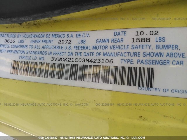 3VWCK21C03M423106 - 2003 VOLKSWAGEN NEW BEETLE GLS Sarı foto 9