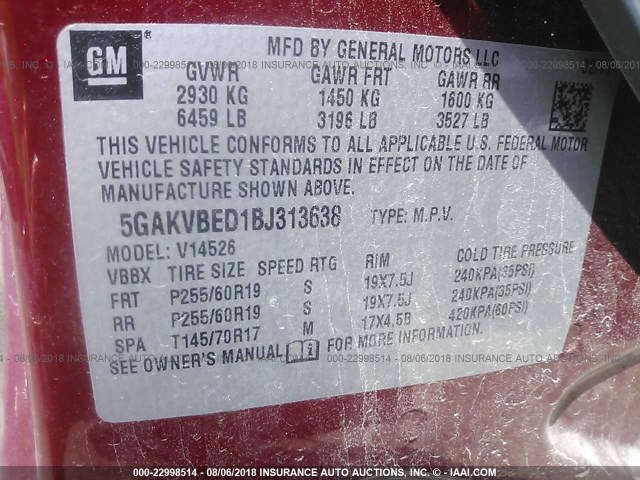 5GAKVBED1BJ313638 - 2011 BUICK ENCLAVE CXL MAROON photo 9