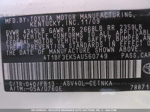 4T1BF3EK5AU560749 - 2010 TOYOTA CAMRY SE/LE/XLE თეთრი ფოტო 9