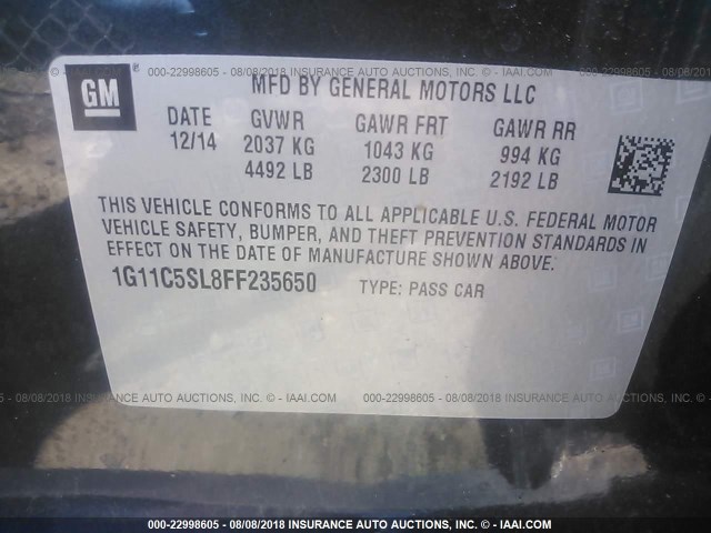 1G11C5SL8FF235650 - 2015 CHEVROLET MALIBU 1LT 灰色 照片 9