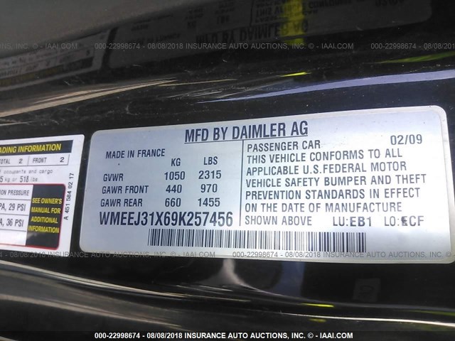 WMEEJ31X69K257456 - 2009 SMART FORTWO PURE/PASSION RED photo 9