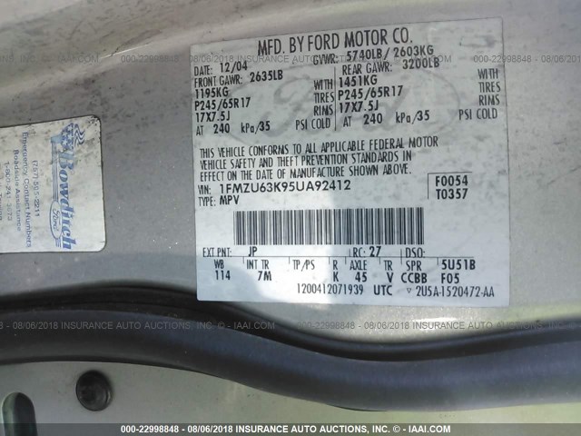 1FMZU63K95UA92412 - 2005 FORD EXPLORER XLT/XLT SPORT/NBX 银色 照片 9