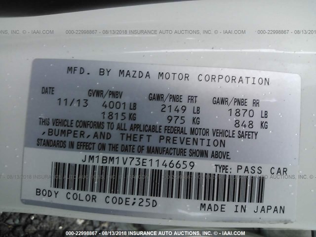 JM1BM1V73E1146659 - 2014 MAZDA 3 TOURING WHITE photo 9