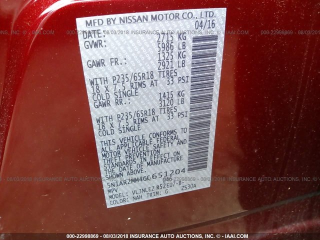 5N1AR2MM4GC651204 - 2016 NISSAN PATHFINDER S/SV/SL/PLATINUM RED photo 9