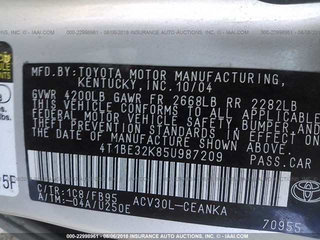 4T1BE32K85U987209 - 2005 TOYOTA CAMRY LE/XLE/SE 银色 照片 9