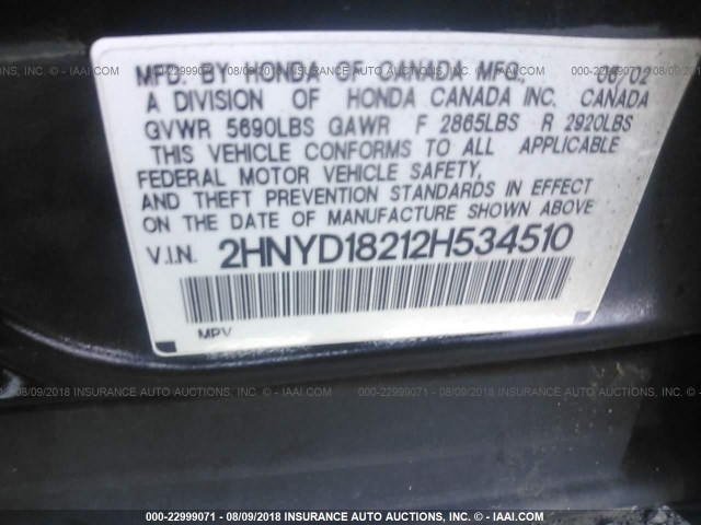 2HNYD18212H534510 - 2002 ACURA MDX BLACK photo 9