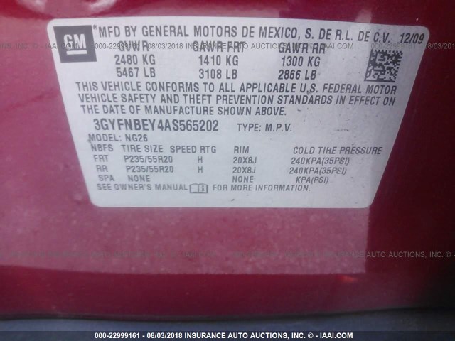 3GYFNBEY4AS565202 - 2010 CADILLAC SRX PERFORMANCE COLLECTION Қызыл фото 9