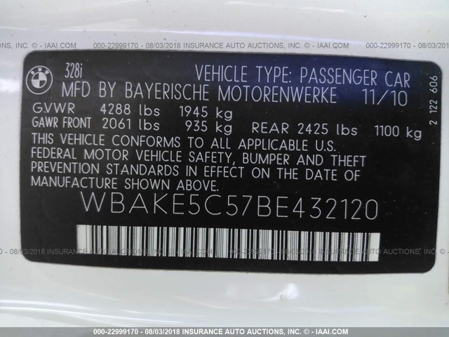 WBAKE5C57BE432120 - 2011 BMW 328 I SULEV WHITE photo 9