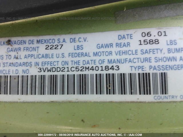 3VWDD21C52M401843 - 2002 VOLKSWAGEN NEW BEETLE GLX 绿色 照片 9