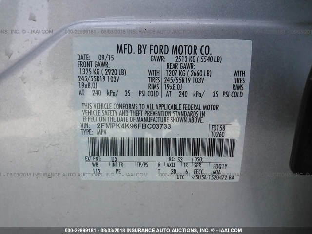 2FMPK4K96FBC03733 - 2015 FORD EDGE TITANIUM SILVER photo 9