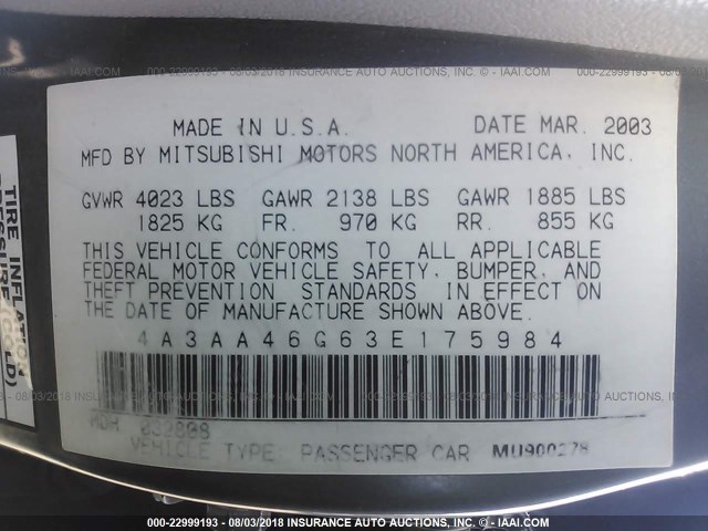 4A3AA46G63E175984 - 2003 MITSUBISHI GALANT ES/LS GRAY photo 9