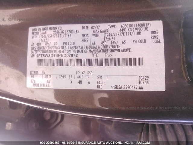 1FT8W3DT4HED07872 - 2017 FORD F350 SUPER DUTY GOLD photo 10
