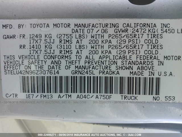 5TELU42N96Z307614 - 2006 TOYOTA TACOMA DOUBLE CAB ვერცხლისფერი ფოტო 9