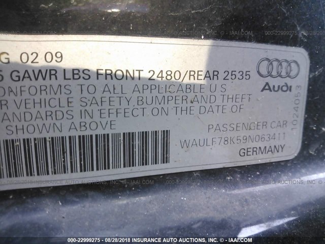 WAULF78K59N063411 - 2009 AUDI A4 2.0T QUATTRO BLACK photo 9