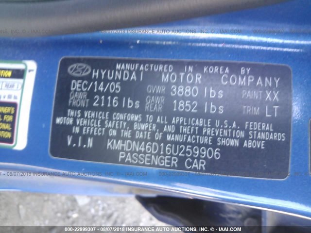 KMHDN46D16U259906 - 2006 HYUNDAI ELANTRA GLS/GT/LIMITED BLUE photo 9