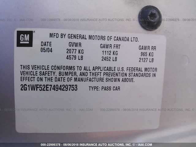 2G1WF52E749429753 - 2004 CHEVROLET IMPALA SILVER photo 9