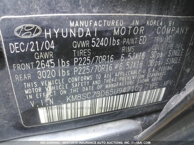 KM8SC73D65U947109 - 2005 HYUNDAI SANTA FE GLS/LX BLACK photo 9