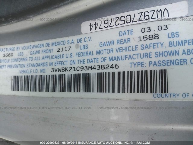 3VWBK21C93M438246 - 2003 VOLKSWAGEN NEW BEETLE GL 银色 照片 9