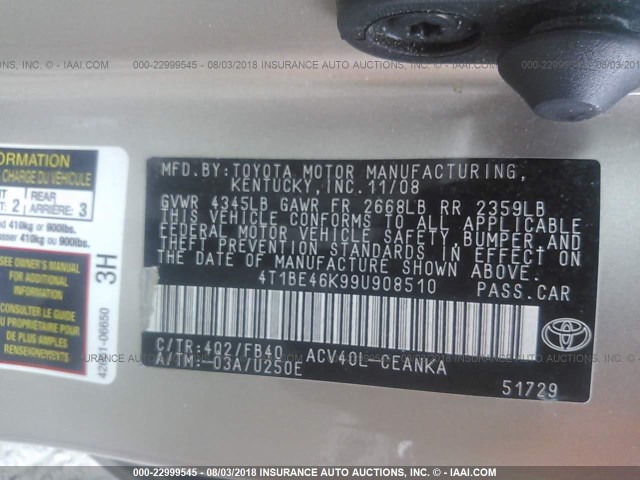 4T1BE46K99U908510 - 2009 TOYOTA CAMRY SE/LE/XLE GOLD photo 9