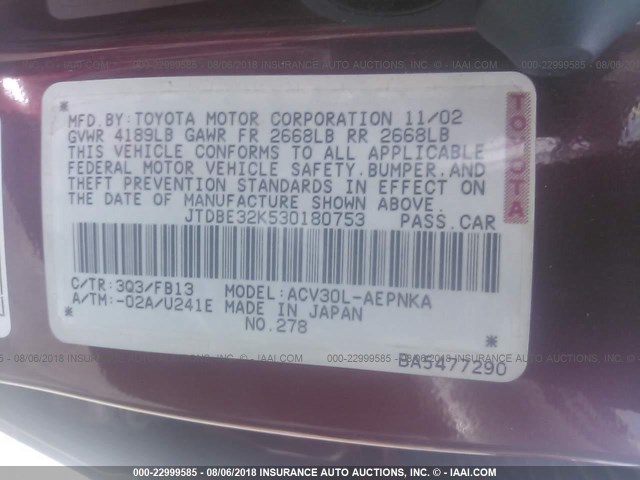 JTDBE32K530180753 - 2003 TOYOTA CAMRY LE/XLE RED photo 9