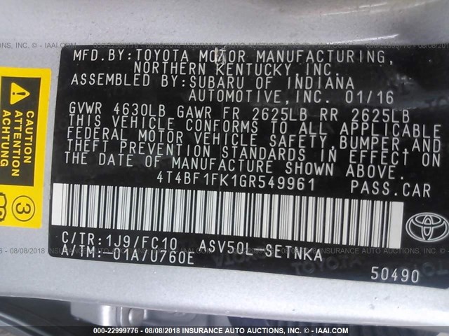 4T4BF1FK1GR549961 - 2016 TOYOTA CAMRY LE/XLE/SE/XSE 银色 照片 9