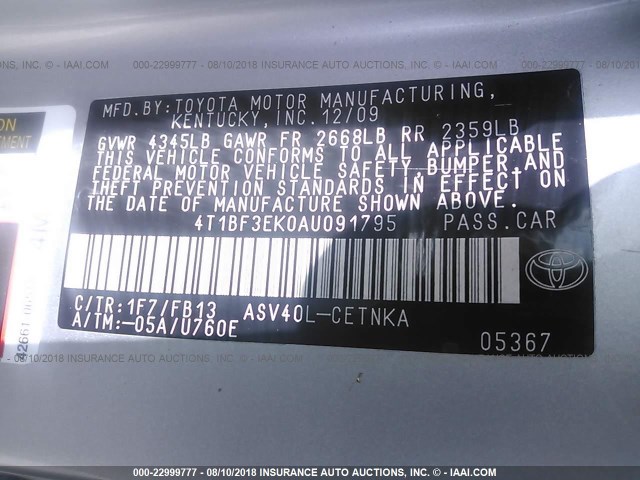 4T1BF3EK0AU091795 - 2010 TOYOTA CAMRY SE/LE/XLE 银色 照片 9