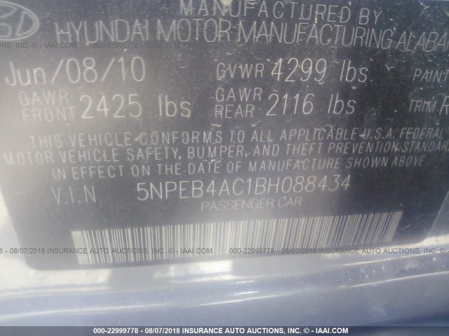 5NPEB4AC1BH088434 - 2011 HYUNDAI SONATA GLS GRAY photo 9