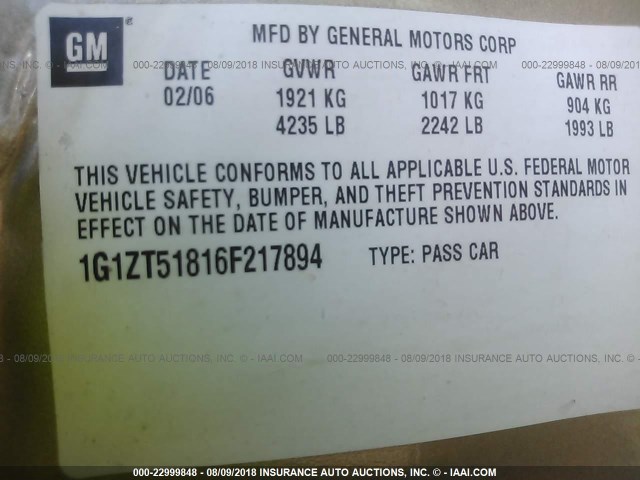 1G1ZT51816F217894 - 2006 CHEVROLET MALIBU LT GOLD photo 9