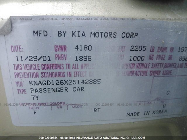 KNAGD126X25142885 - 2002 KIA OPTIMA MAGENTIS/LX/SE GOLD photo 9