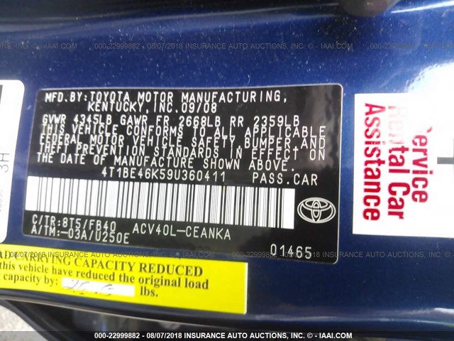 4T1BE46K59U360411 - 2009 TOYOTA CAMRY SE/LE/XLE 蓝色 照片 9
