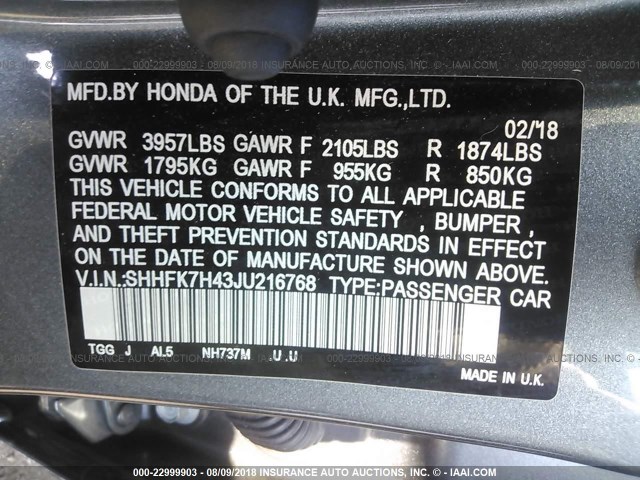 SHHFK7H43JU216768 - 2018 HONDA CIVIC SPORT 灰色 照片 9