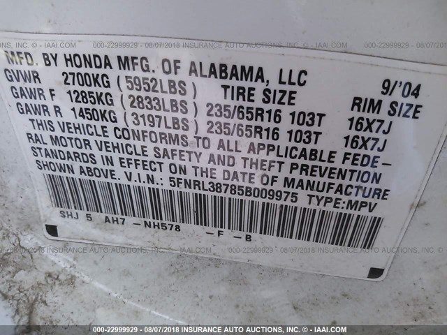 5FNRL38785B009975 - 2005 HONDA ODYSSEY EXL WHITE photo 9