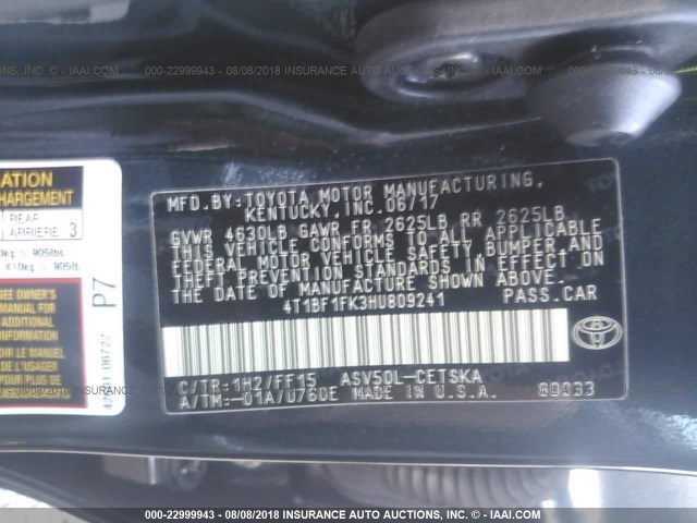 4T1BF1FK3HU809241 - 2017 TOYOTA CAMRY LE/XLE/SE/XSE BLACK photo 9