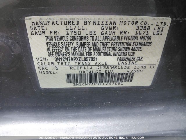 3N1CN7APXCL857021 - 2012 NISSAN VERSA S/SV/SL GRAY photo 9