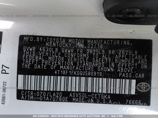 4T1BF1FK0GU580919 - 2016 TOYOTA CAMRY LE/XLE/SE/XSE WHITE photo 9