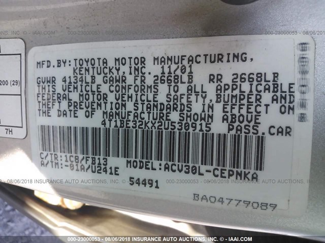 4T1BE32KX2U530915 - 2002 TOYOTA CAMRY LE/XLE/SE 银色 照片 9