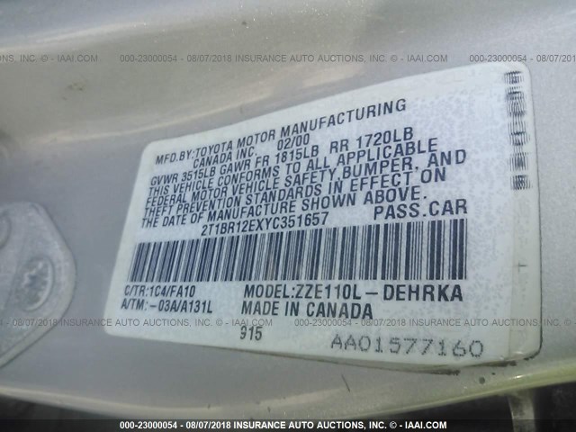 2T1BR12EXYC351657 - 2000 TOYOTA COROLLA VE/CE/LE 灰色 照片 9