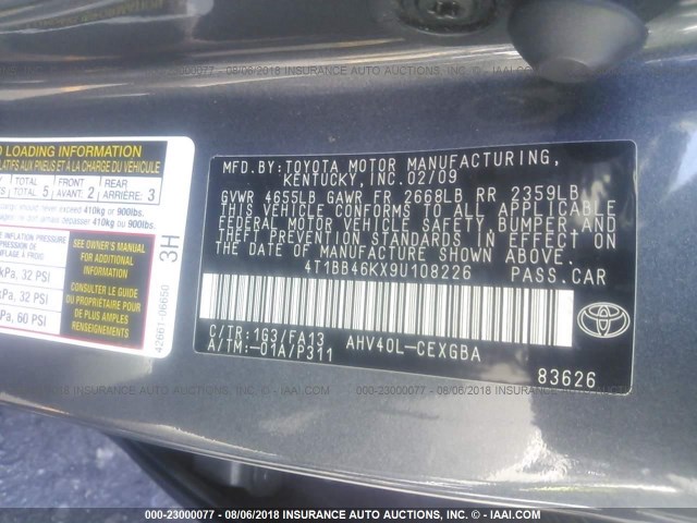 4T1BB46KX9U108226 - 2009 TOYOTA CAMRY HYBRID GRAY photo 9