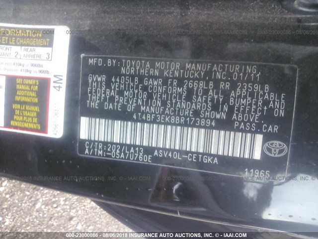 4T4BF3EK8BR173894 - 2011 TOYOTA CAMRY SE/LE/XLE შავი ფოტო 9