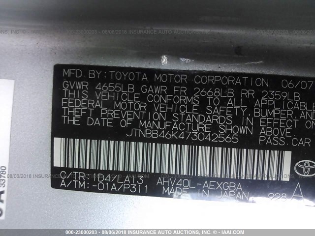 JTNBB46K473042565 - 2007 TOYOTA CAMRY NEW GENERAT HYBRID SILVER photo 9