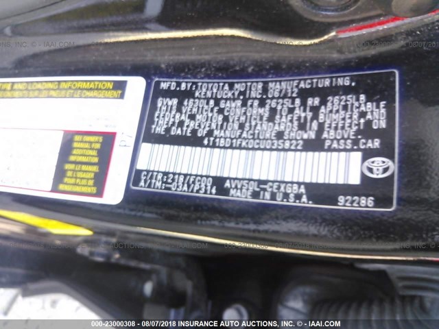 4T1BD1FK0CU035822 - 2012 TOYOTA CAMRY HYBRID/LE/XLE 黑色 照片 9