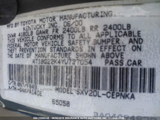 4T1BG22K4YU737054 - 2000 TOYOTA CAMRY CE/LE/XLE TEAL photo 9