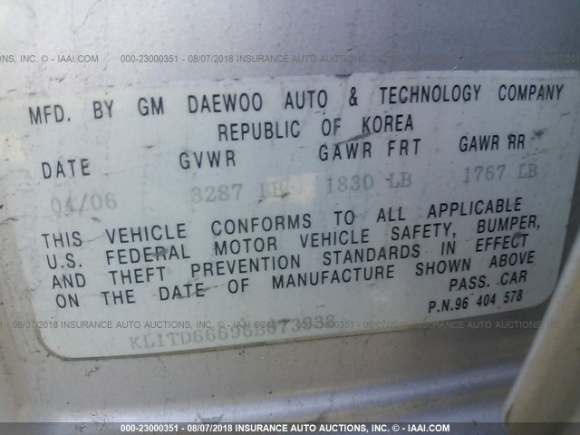 KL1TD66696B673938 - 2006 CHEVROLET AVEO LS SILVER photo 9