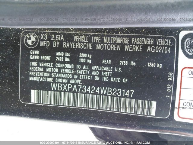 WBXPA73424WB23147 - 2004 BMW X3 2.5I BLACK photo 9