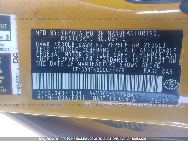 4T1BD1FK2DU077278 - 2013 TOYOTA CAMRY HYBRID/LE/XLE 黄色 照片 9