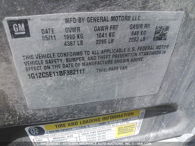 1G1ZC5E11BF382111 - 2011 CHEVROLET MALIBU 1LT 白色 照片 9