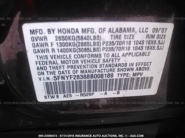 5FNYF28368B008189 - 2008 HONDA PILOT SE PURPLE photo 9